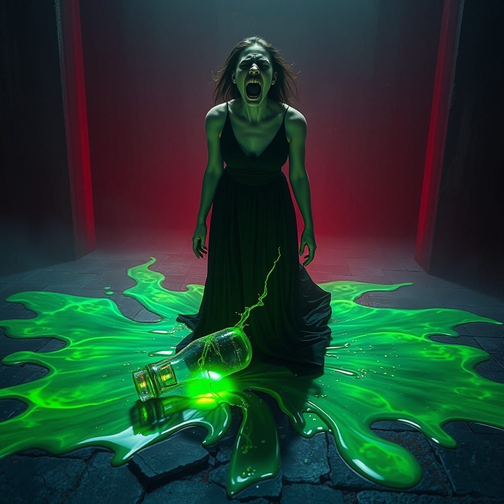 Terrified Woman Surrounded by Iridescent Green Liquid