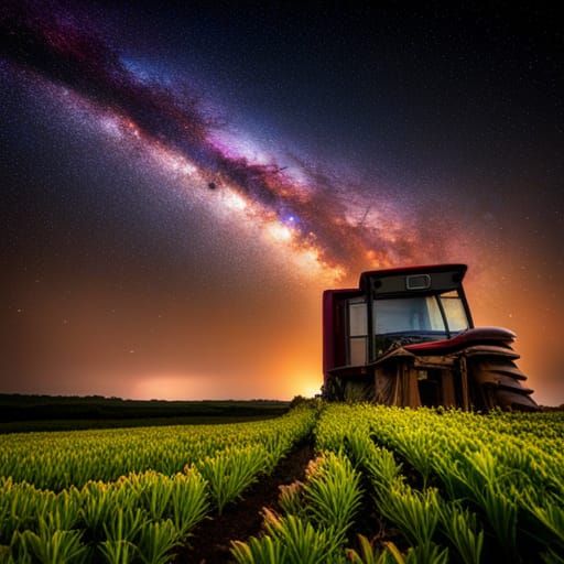 Milky Way Over Farm with Red Tractor