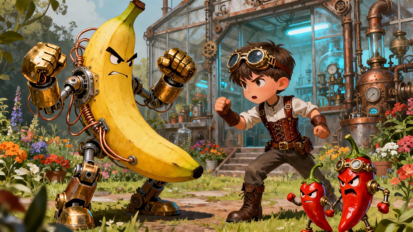 Steampunk Boy Battles Mechanical Banana in Garden