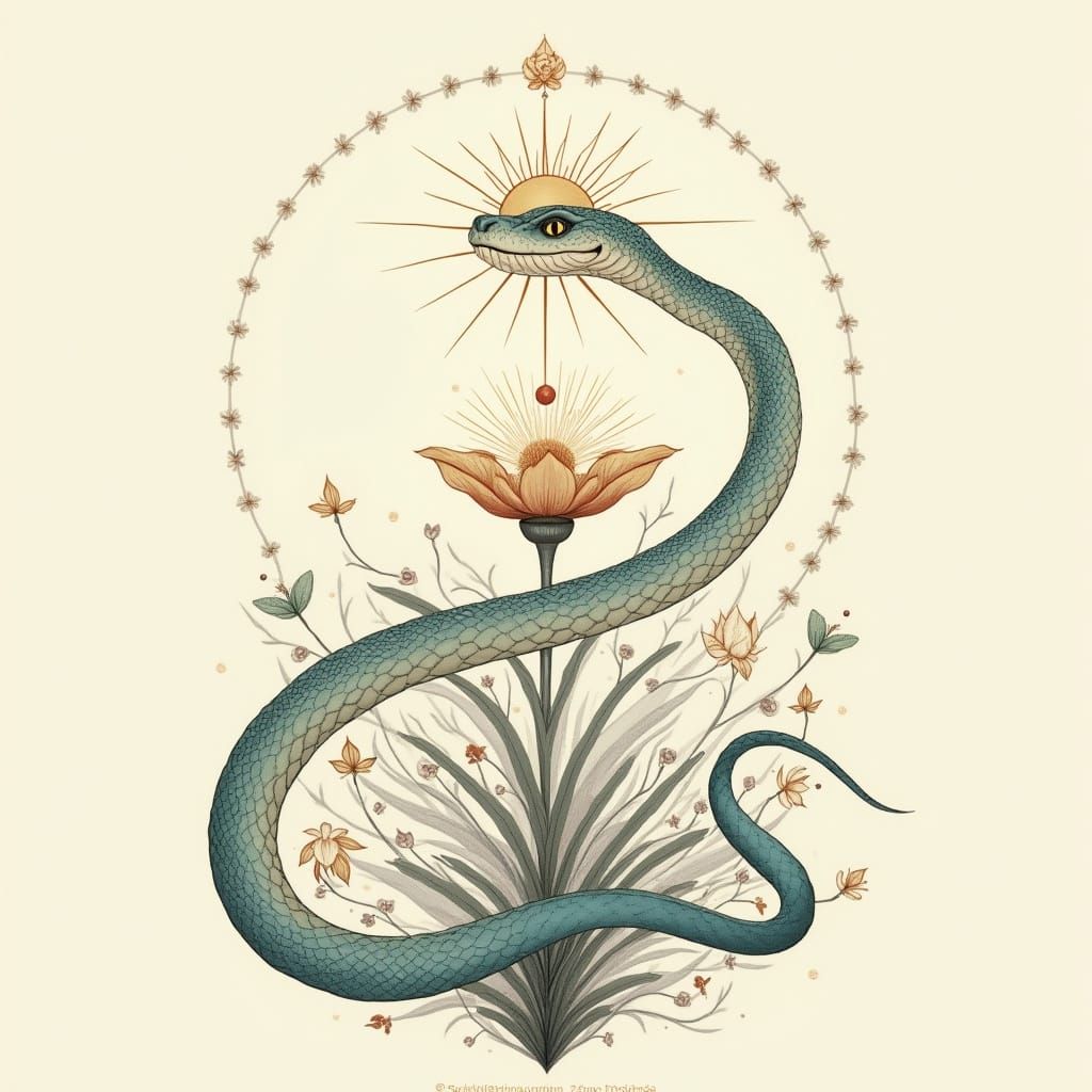 Serene Snake with Moon Symbol and Floral Crown