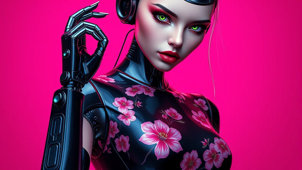 Beautiful cyberpunk robot woman wearing glossy black latex dress with Japanese cherry blossom pattern on pink background...