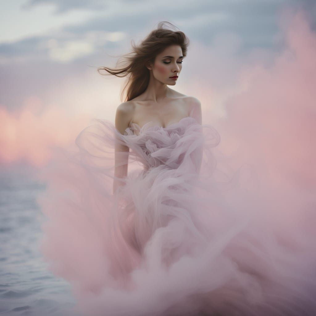 Dreamy Figure in Pastel Colors and Blurred Landscape