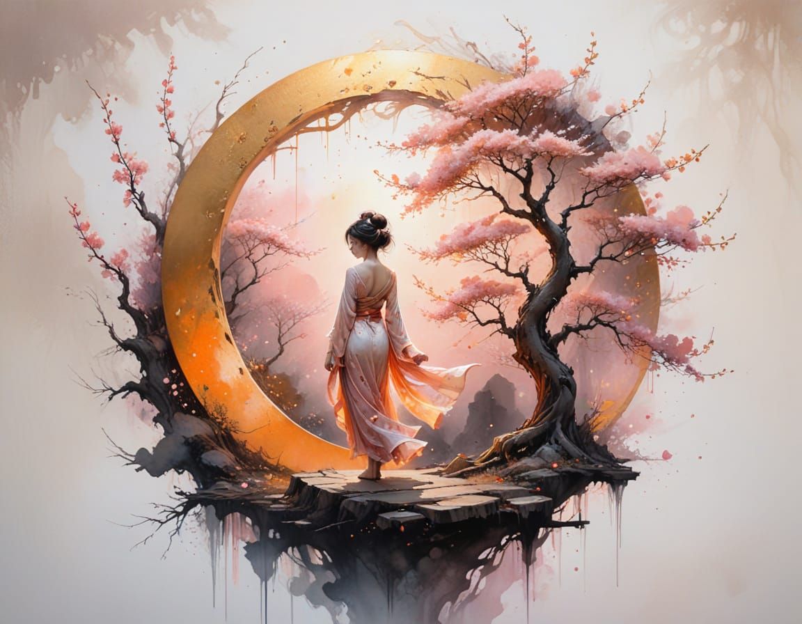 Surreal Golden Moon With Geisha and Blossoms