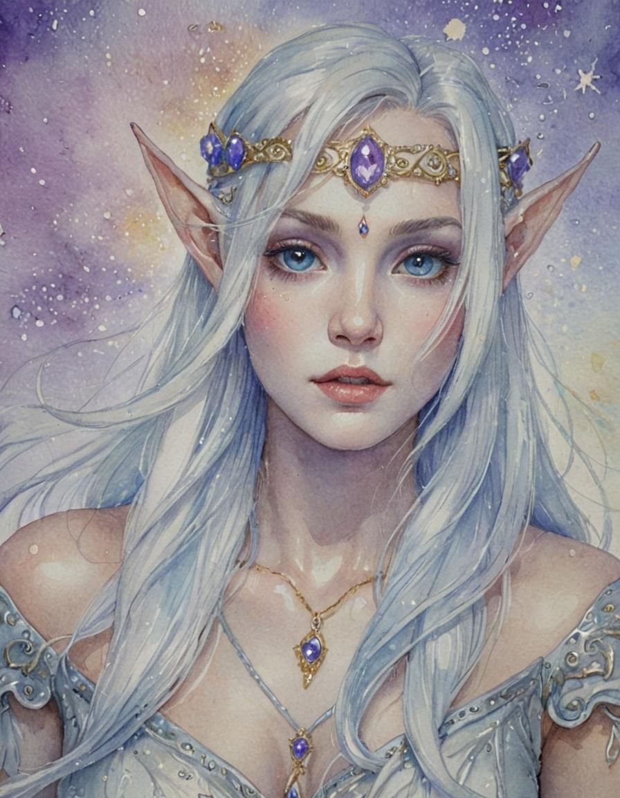 Snow Elf Portrait in Alcohol Ink Watercolor Style