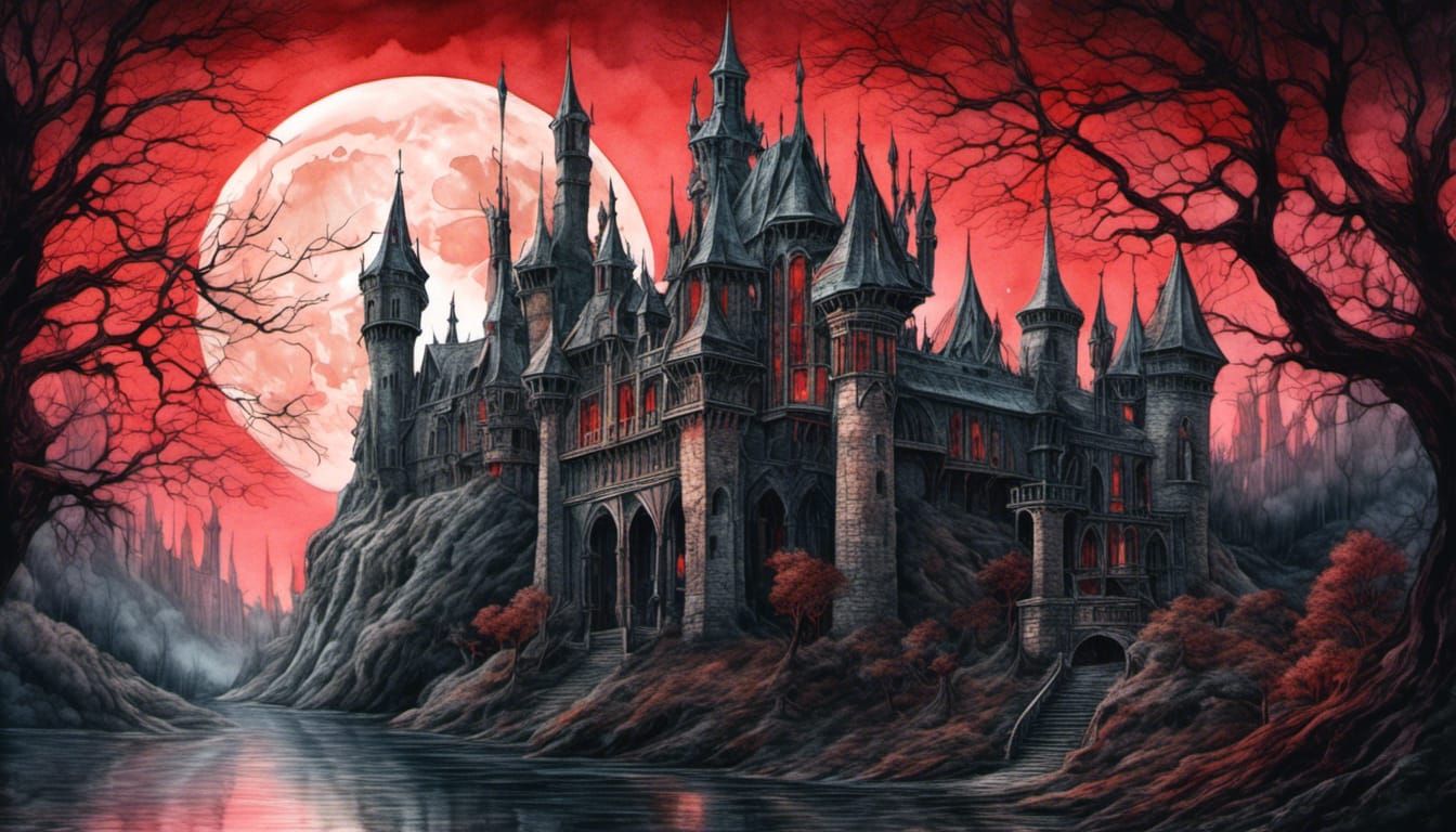 Gothic Medieval Castle under Blood Moon