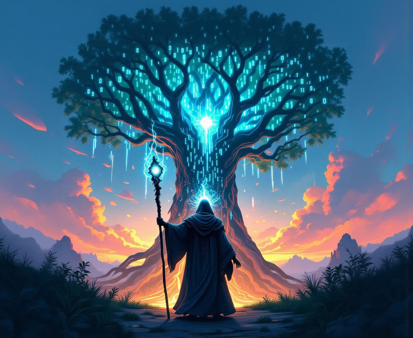 Digital Wizard with Energy Staff Before Binary Tree