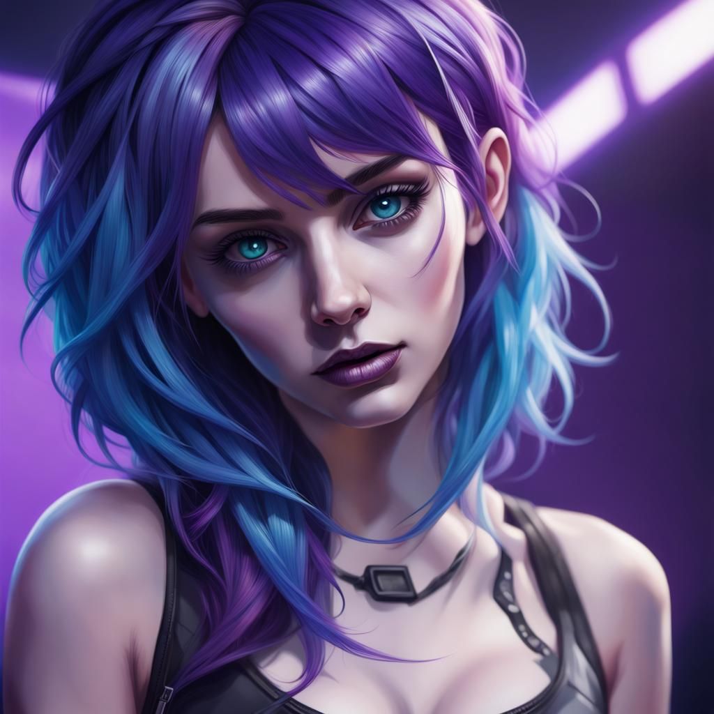 Gamer Girl with Purple Hair, Splash Art Style