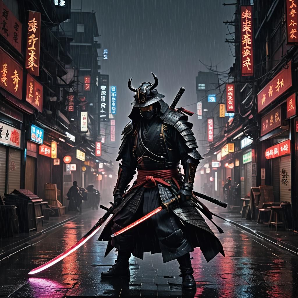 Neon Katana: Cyberpunk Samurai in Rain-Soaked City