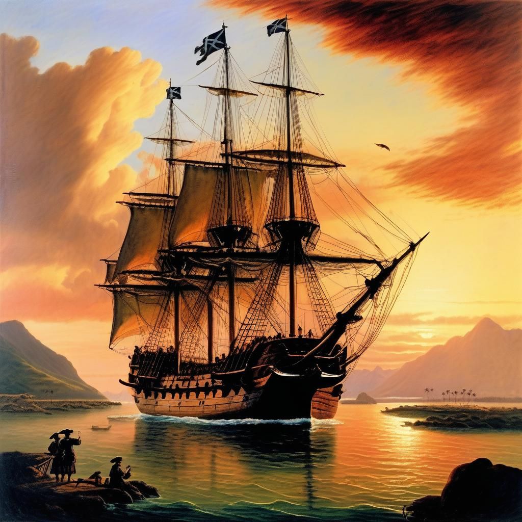 The Endeavour at Sunset: A Historical Oil Painting