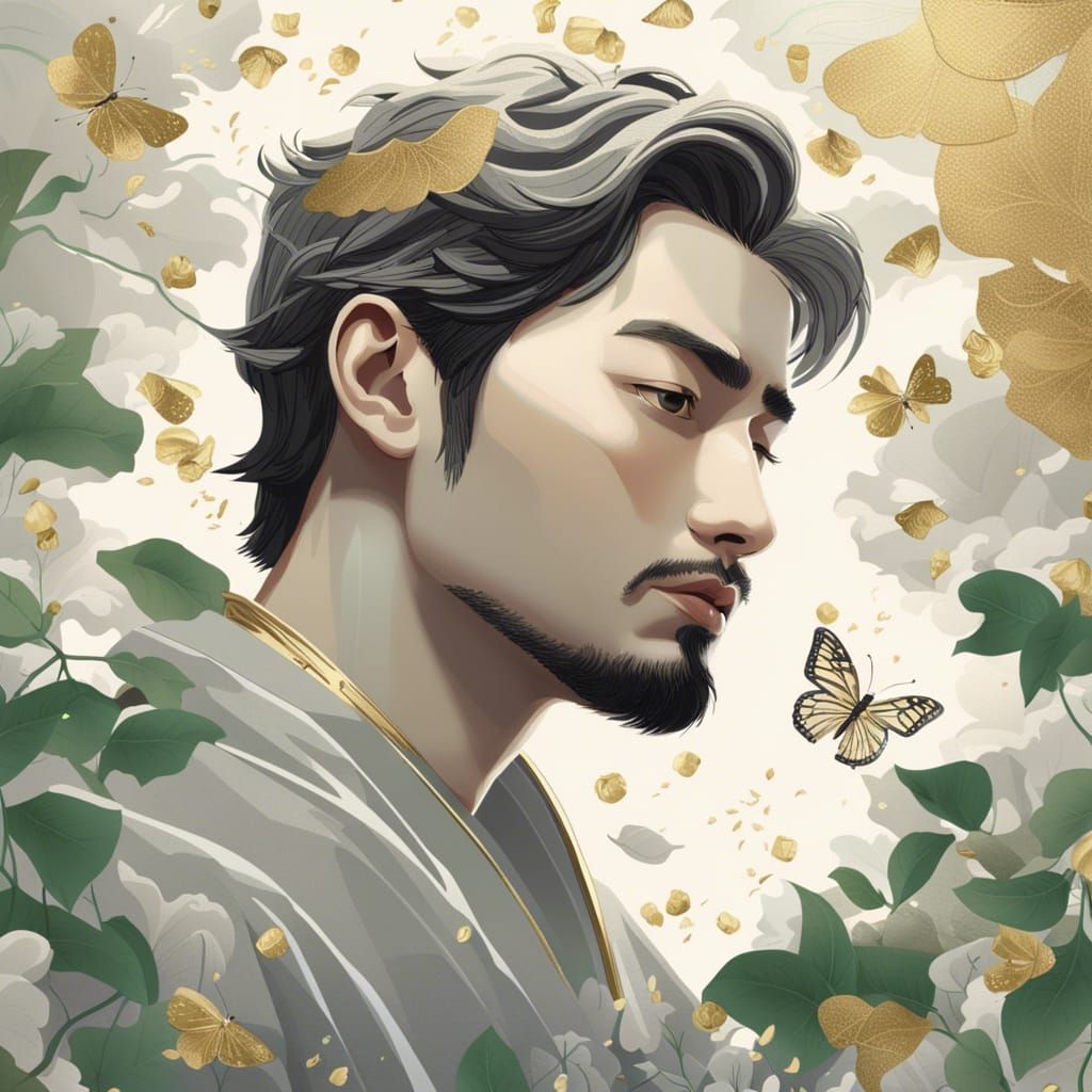 Petal Portrait with Gold Script in Ukiyo-e Style