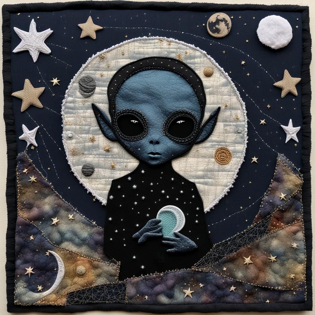 Baby Alien Portrait in Mixed Media Collage