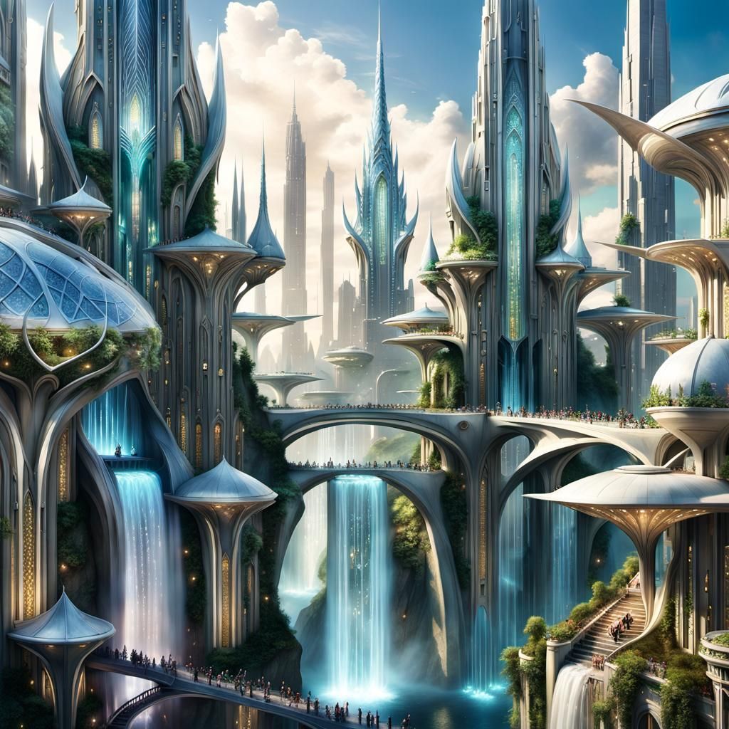 Futuristic Elven City with Fairy and Moth Elements