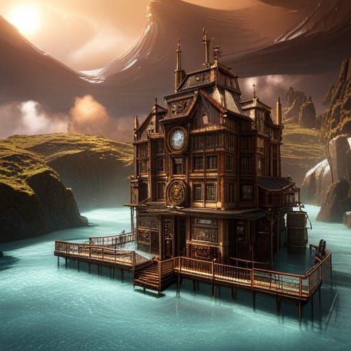 Steampunk Computer in Epic 3D Game Cinematic Style