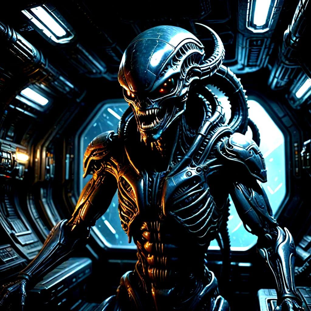 Xenomorphic Alien in Grungy Spaceship, Detailed Matte Painti...