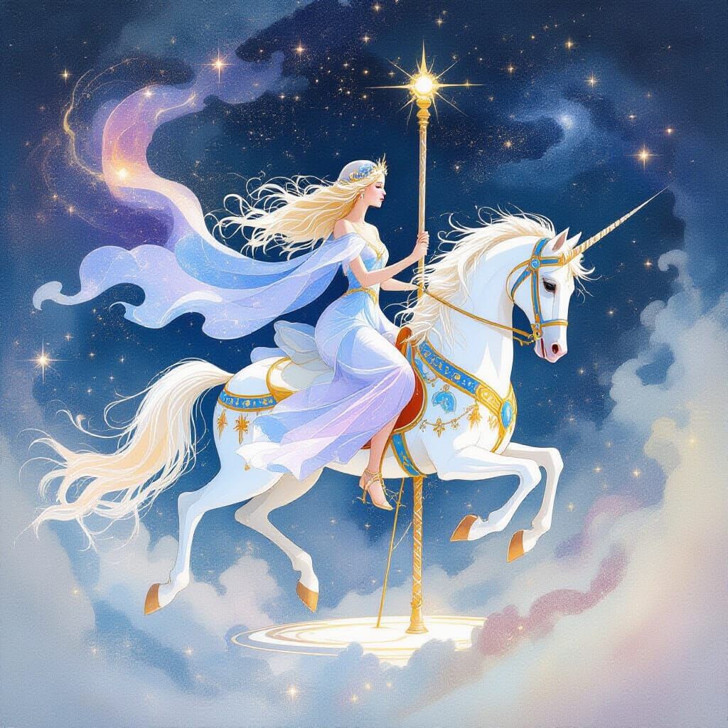 Cosmic Woman Riding Stardust Horse Through Ethereal Carousel