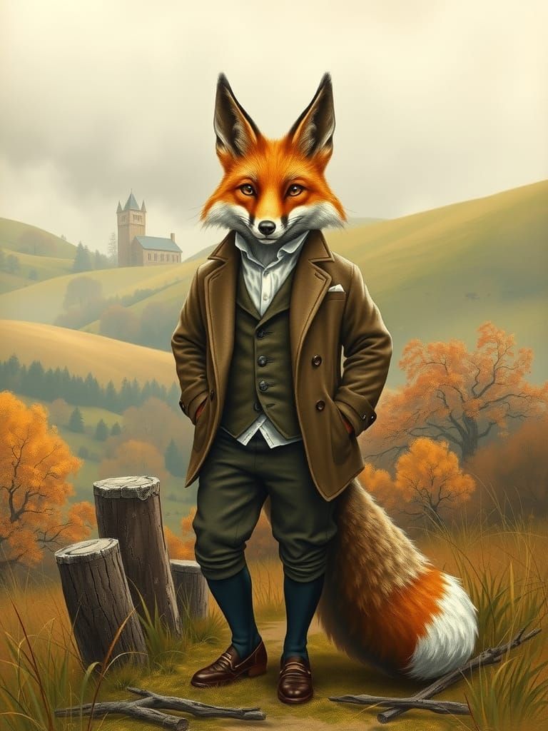 Fox Gentleman in Countryside, Rackham-esque Illustration