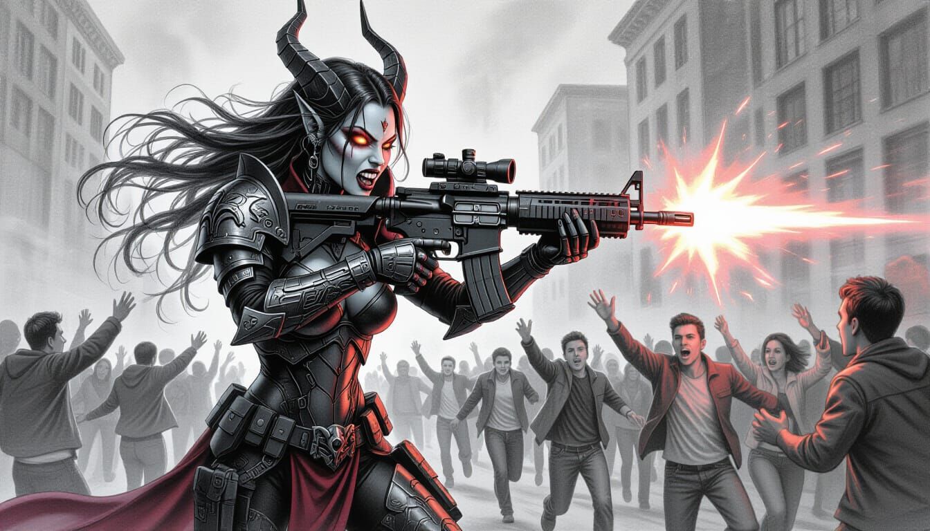 Demonic Cyber Vampire Fires Plasma Rifle, Charcoal Drawing