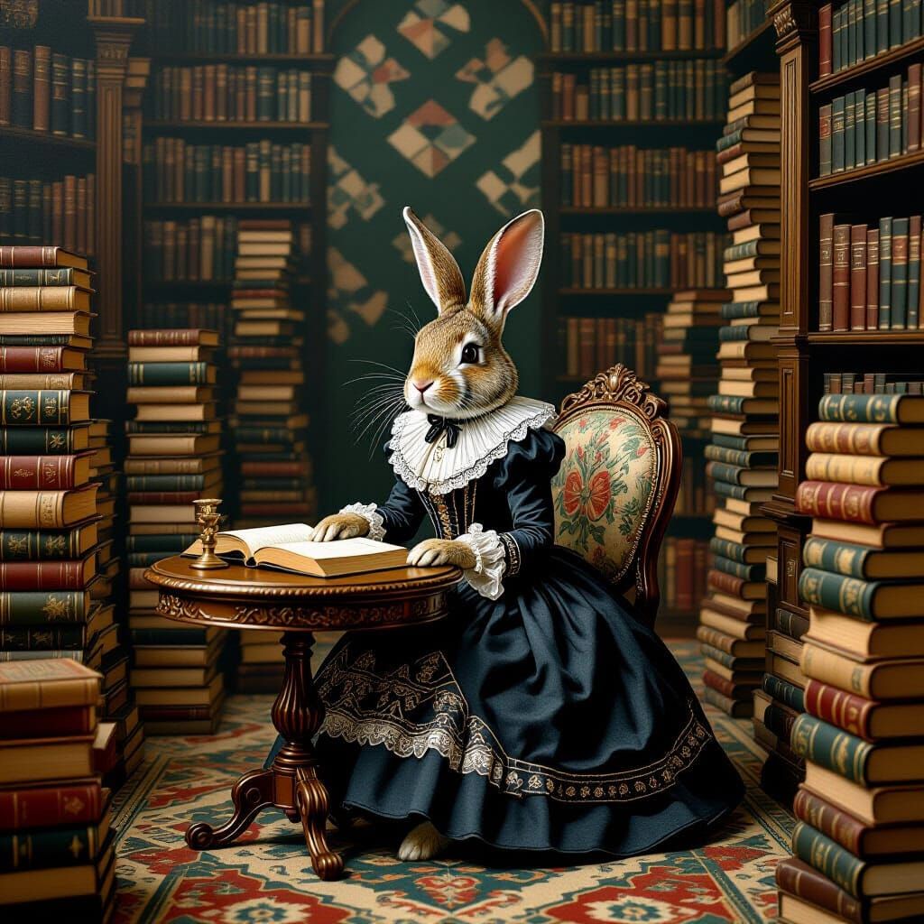 Victorian Rabbit in Surreal Library