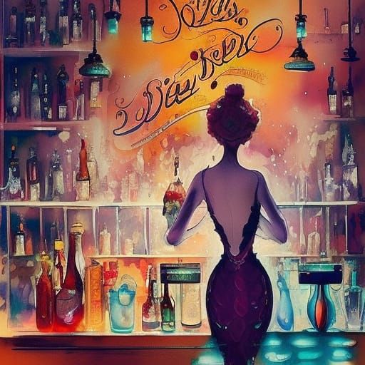 Folies-Bergère Barmaid in Gouache Watercolor Style