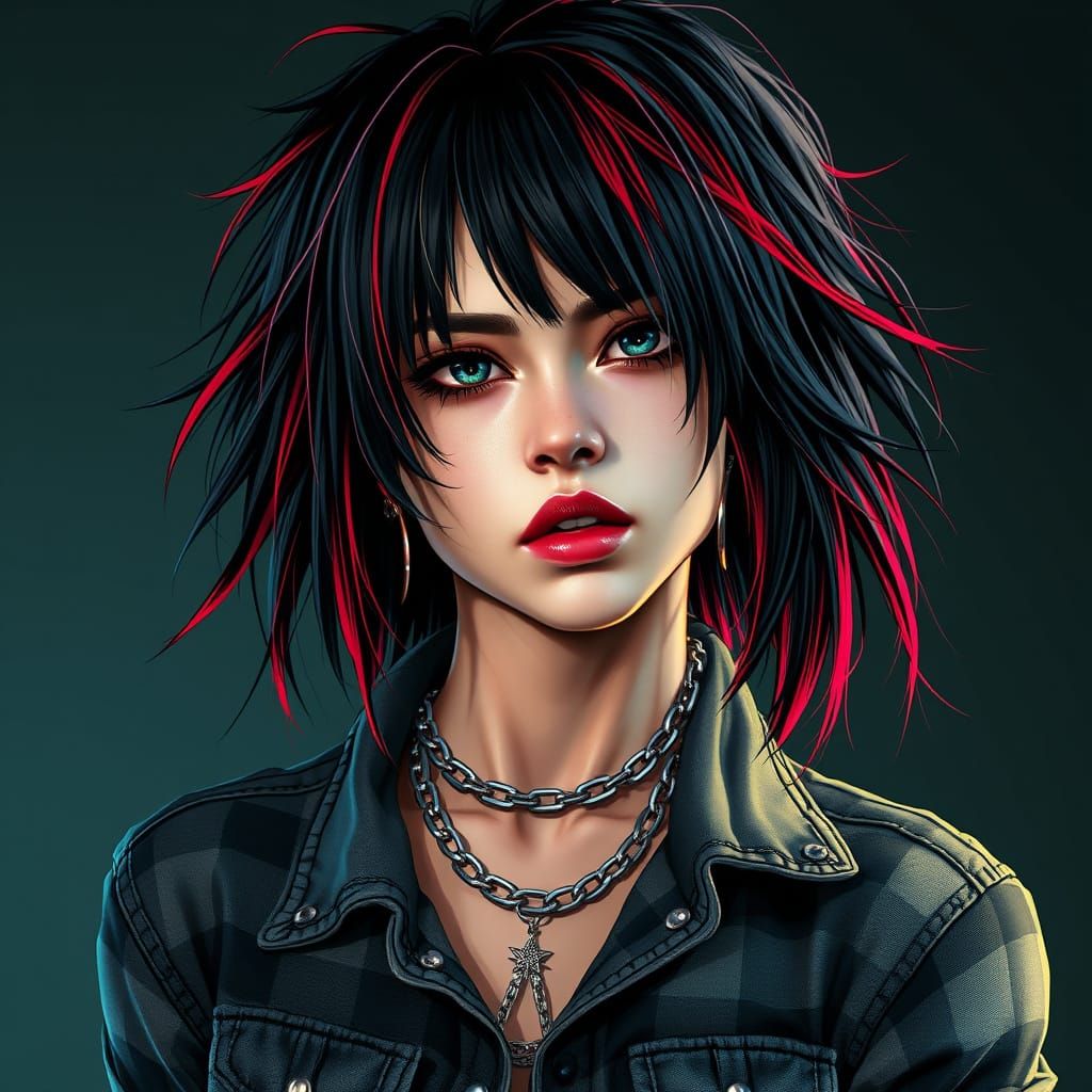 Grunge Punk Woman Portrait with Red Streaks