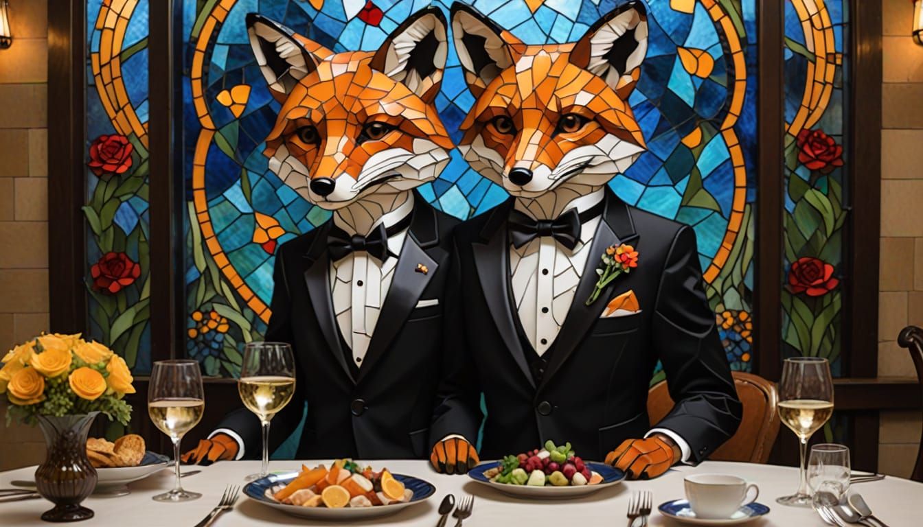 Elegant Fox in Tuxedo, Mosaic Art in Stained Glass Style
