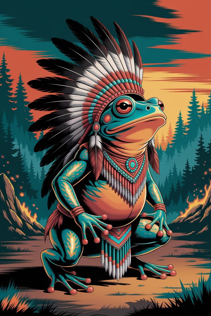 Apache Indian Frog in Vibrant Ceremonial Outfit Under Sunset...