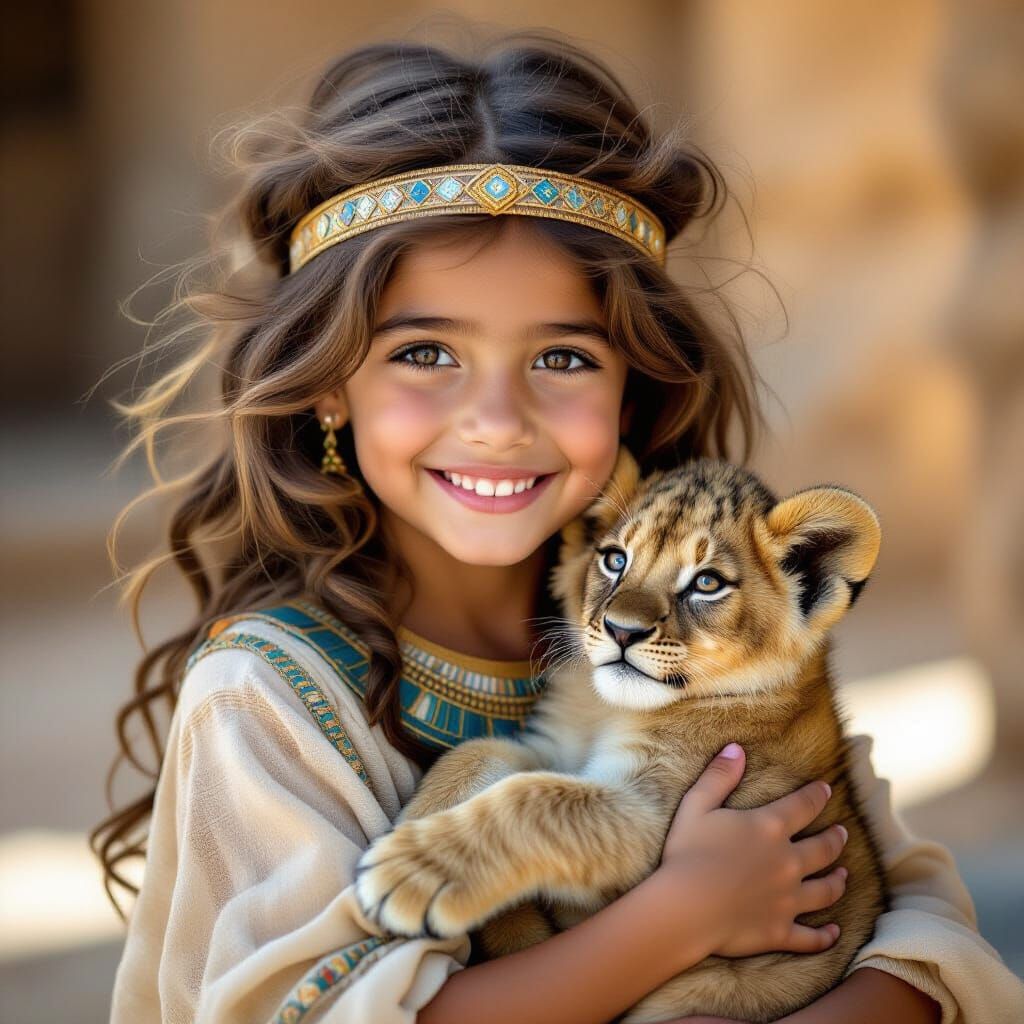 Ancient Egyptian Girl with Lion Cub: Professional Photo