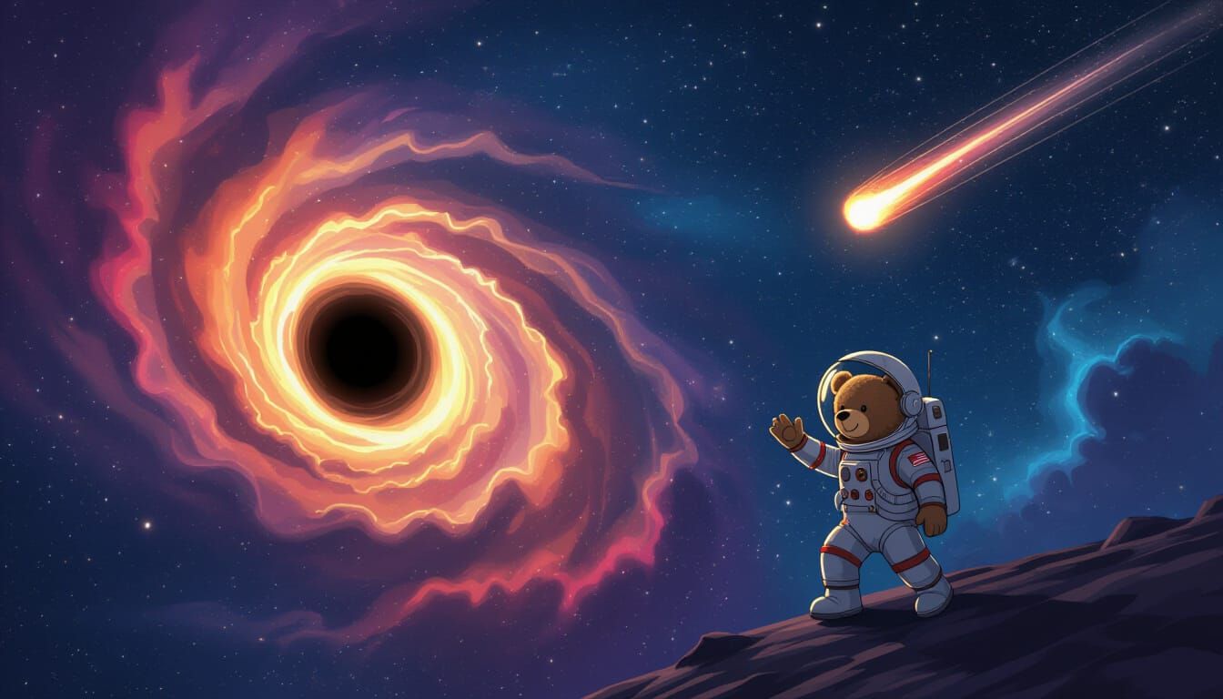Teddy Bear Astronaut in Starry Sci-Fi Landscape