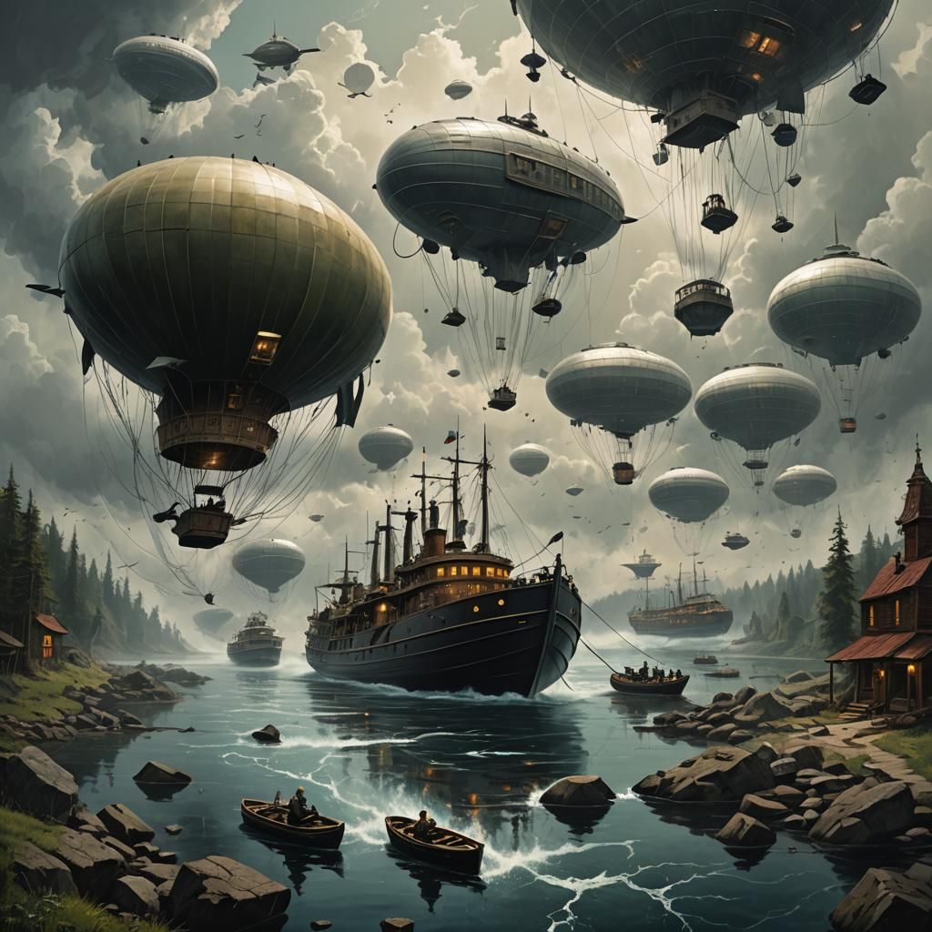 Surreal Dreamscape with Airships in Painterly Style