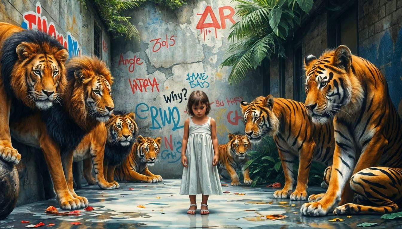 Surreal Street Art Scene with Wild Animals in Humble Obedien...