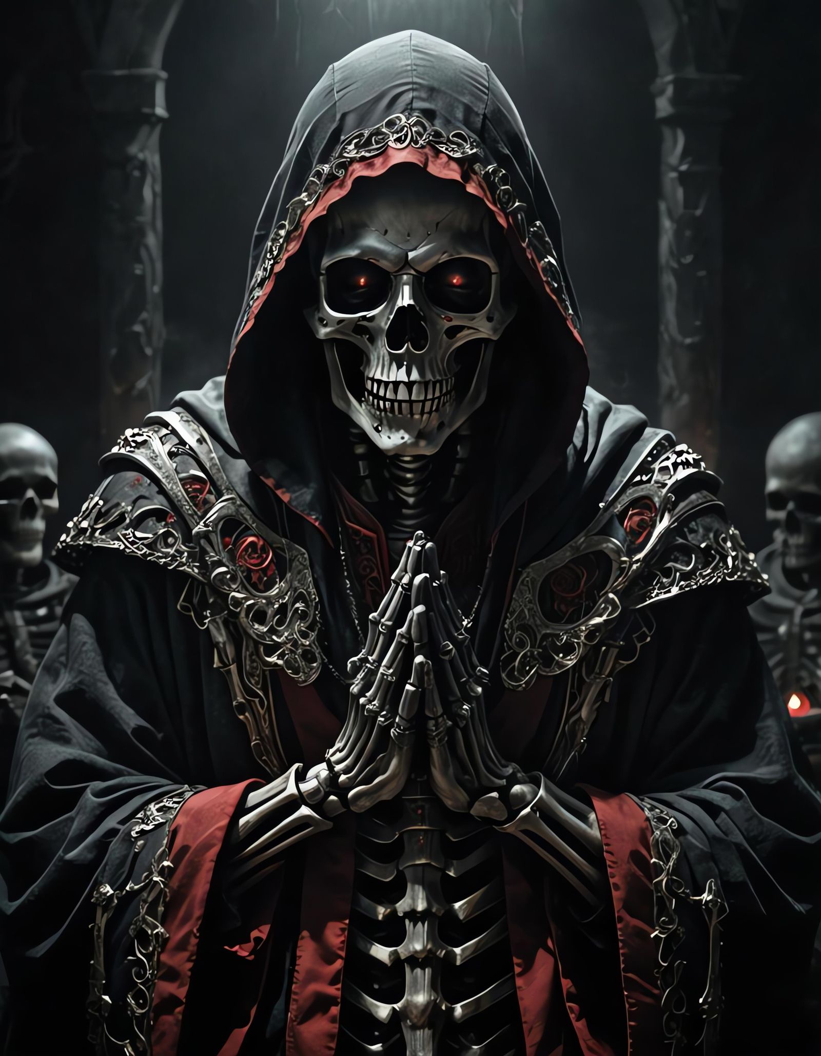 Epic Red-Eyed Skeleton in Prayer: Cinematic Pencil Art