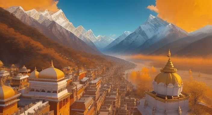 Himalayas Sunset: Aerial View in Detailed Digital Painting