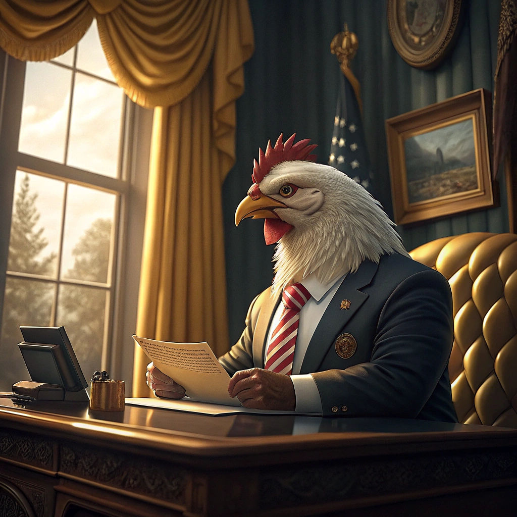 Anthropomorphic Chicken President in Oval Office, CGI Render