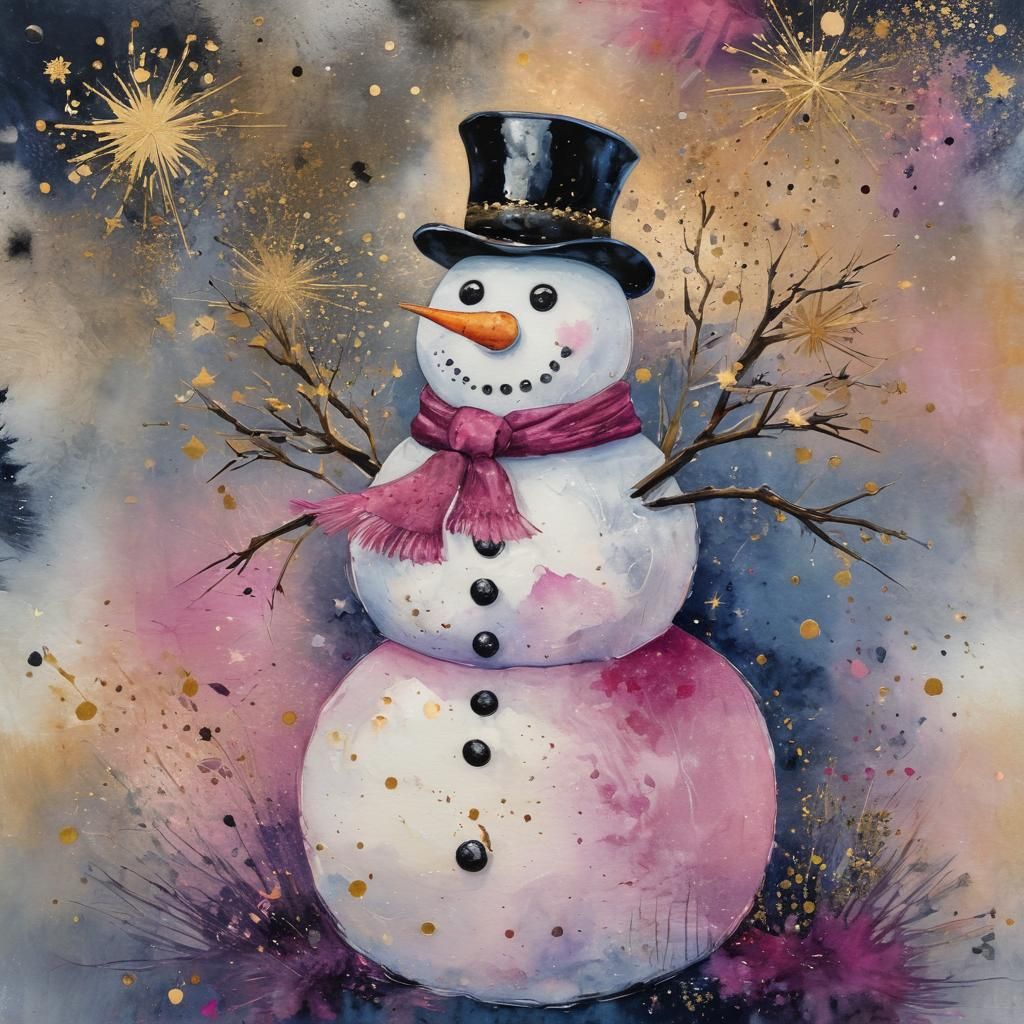 Surreal Encaustic Snowman with Golden Stars