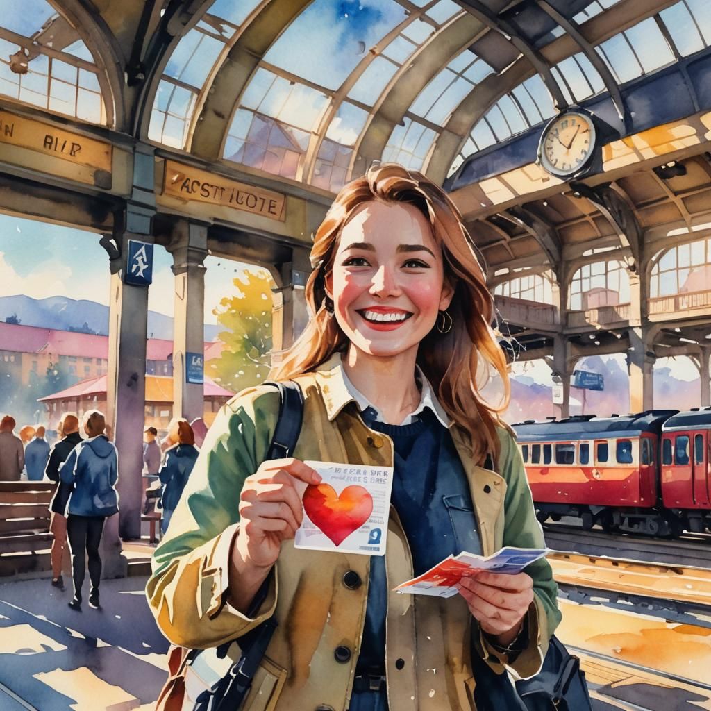 Watercolor Woman with Heart Ticket at Train Station