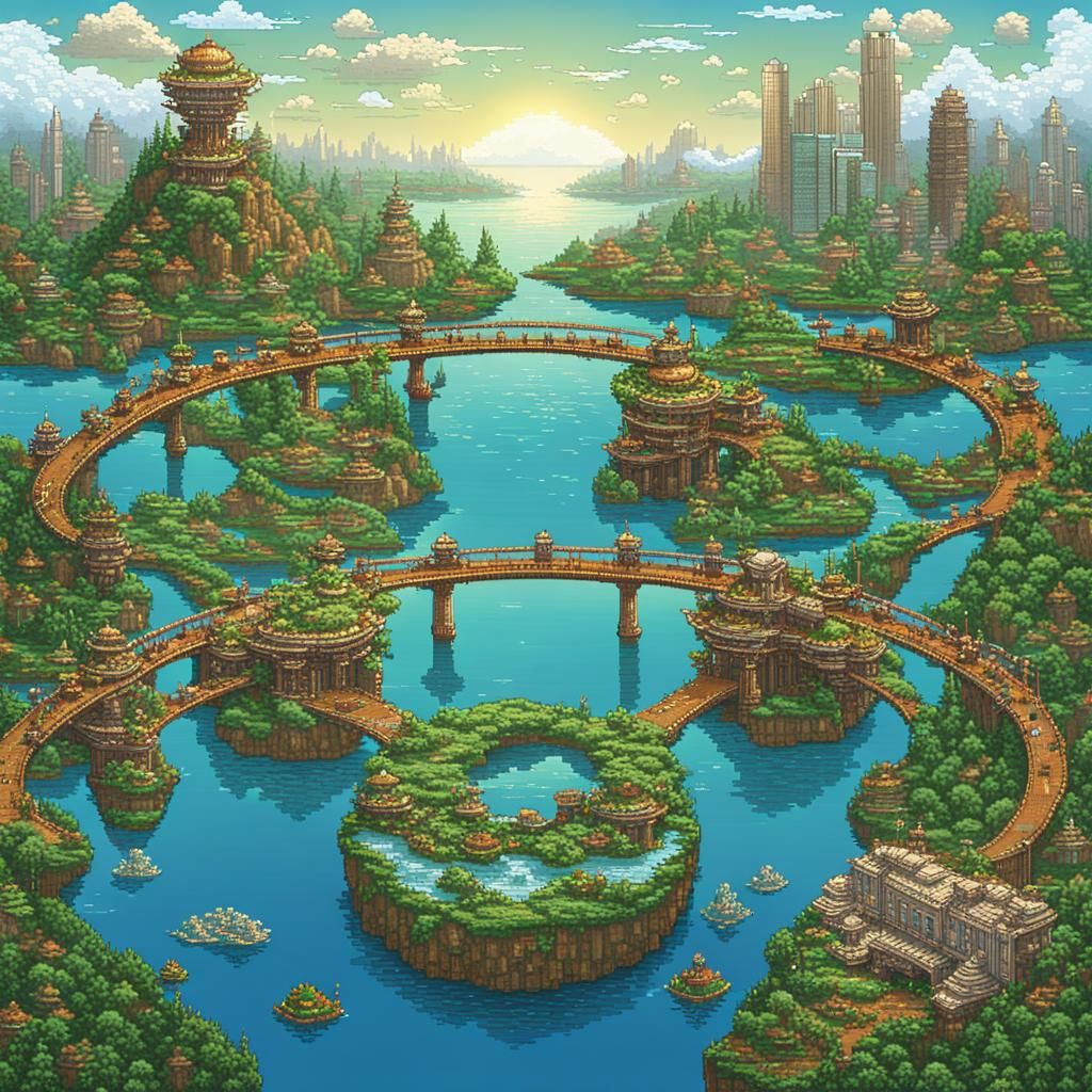Pixel Art: Floating Eco-Cities with Bridge