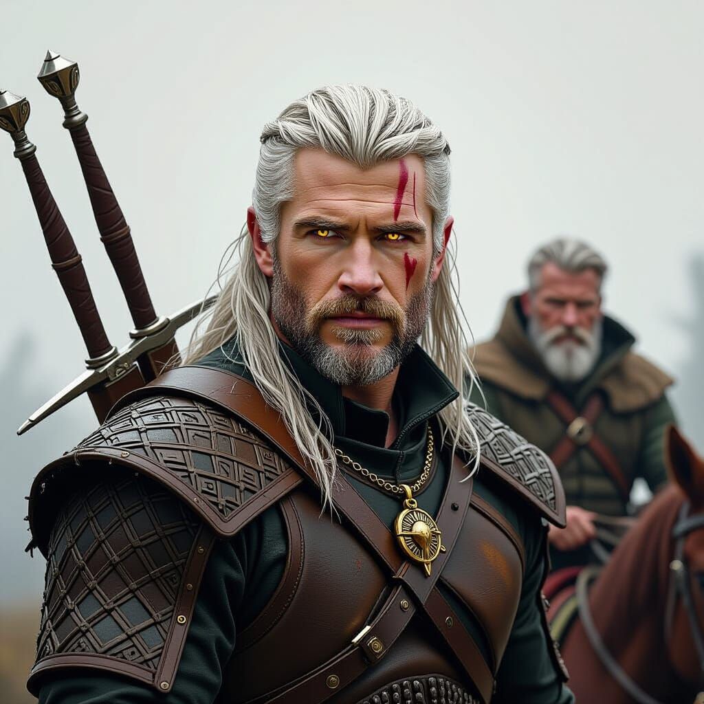 Geralt and Vesemir on Horseback in Dark Fantasy Style