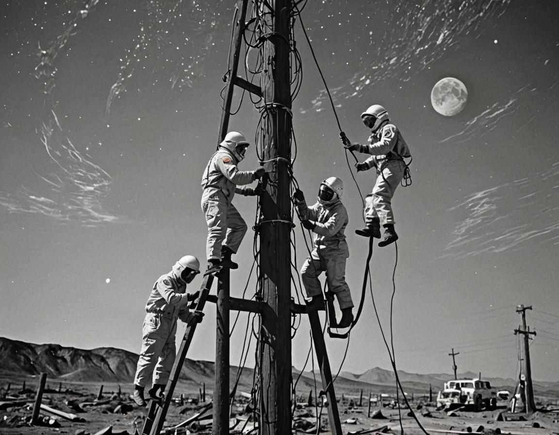 Moon Workers Repairing a Telephone Pole