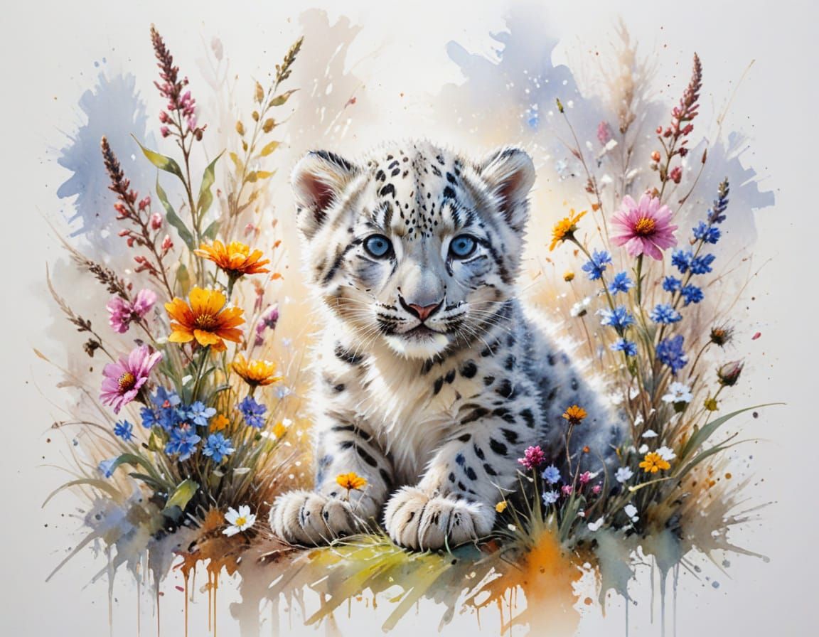 Playful Snow Leopard Cub in Snowy Garden