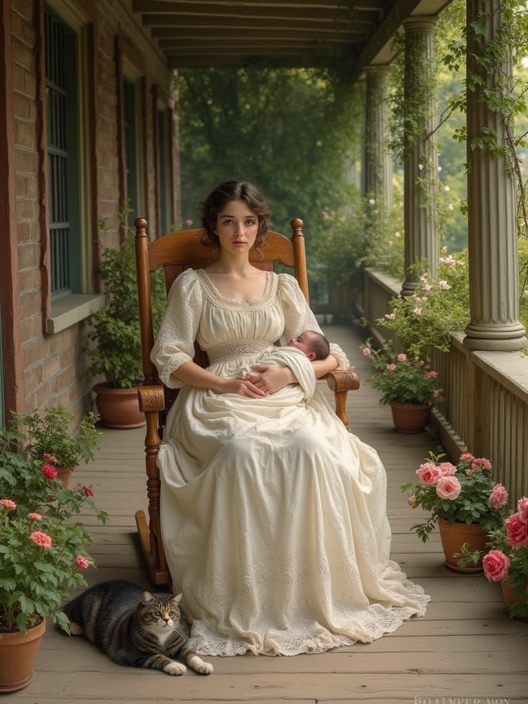 Victorian Mother and Child on Flower-Adorned Porch