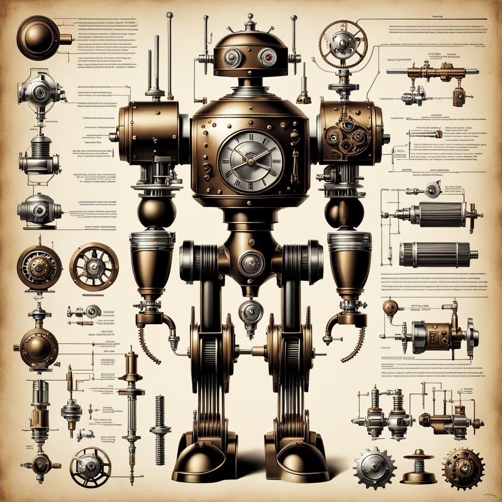 Futuristic Steampunk Robot Butler Vintage Schematic