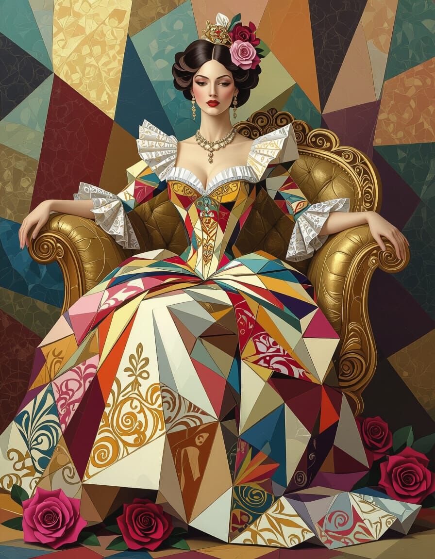 Cubist Woman in Rococo Gown, Impasto Oil Painting