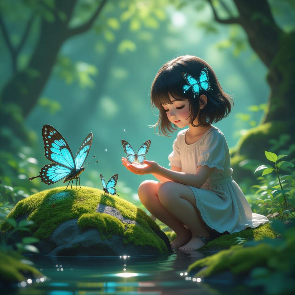 AI Art: Girl with Mechanical Butterflies in Forest