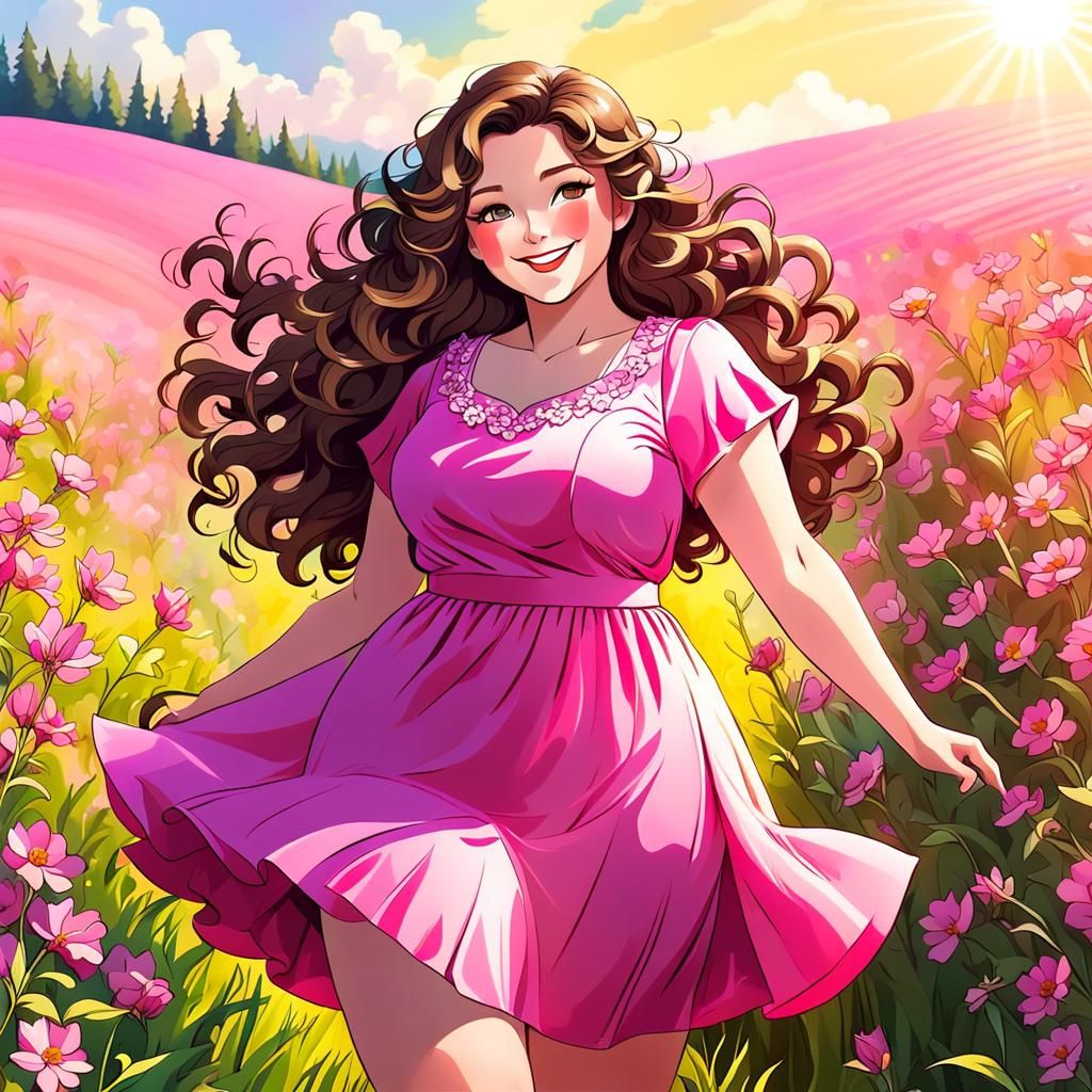 Curvy Woman in Wildflower Field, Manga Style