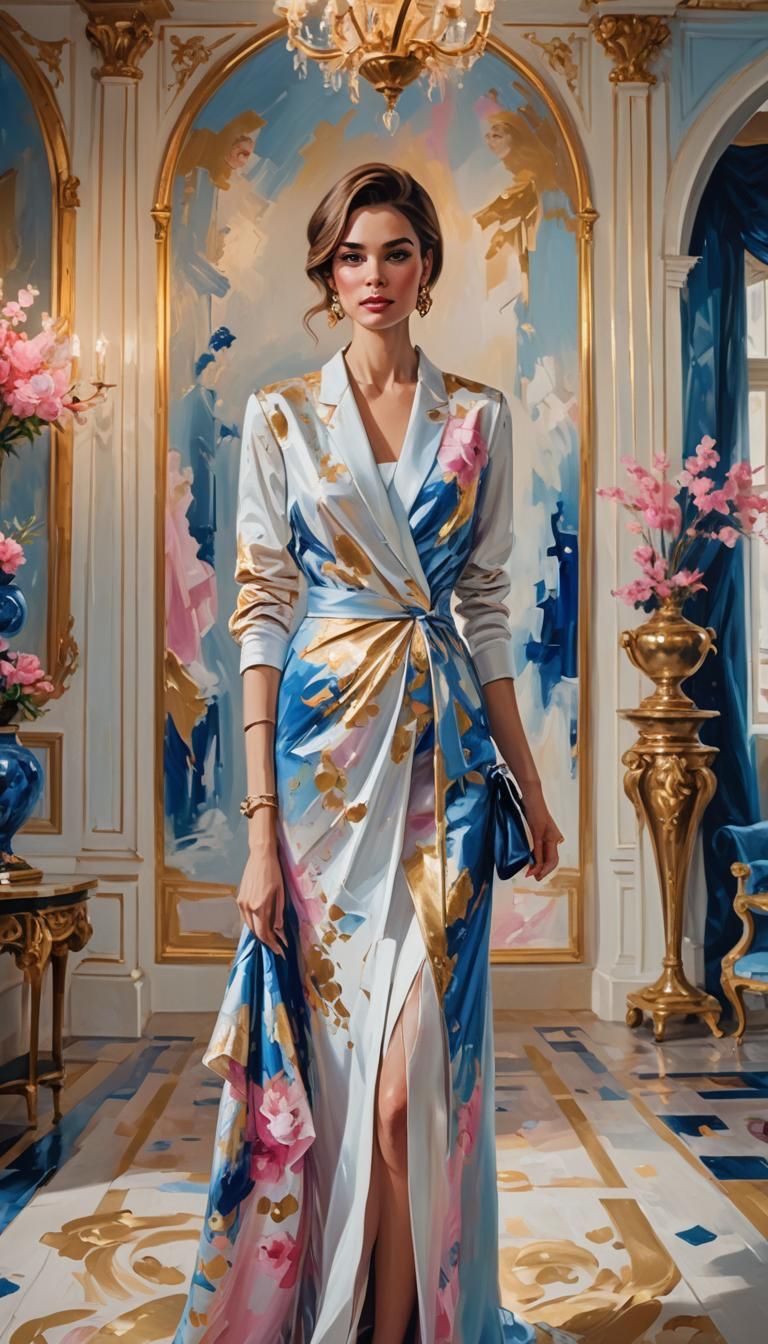 Fashionable Woman in Lavish Interior, Oil Painting Style
