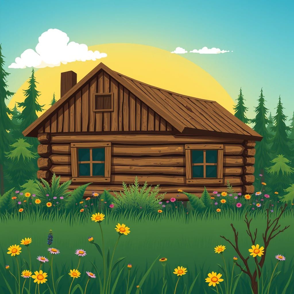 Whimsical Cabin Scene in Folk Art Style