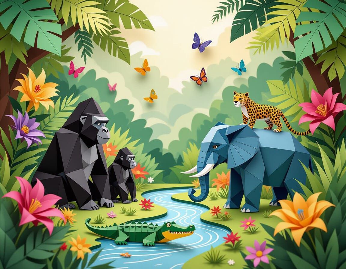 Intricate Origami African Jungle Paradise Diorama