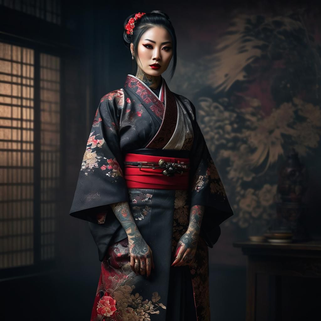 Yakuza Girl Portrait in Dark Watercolor Style