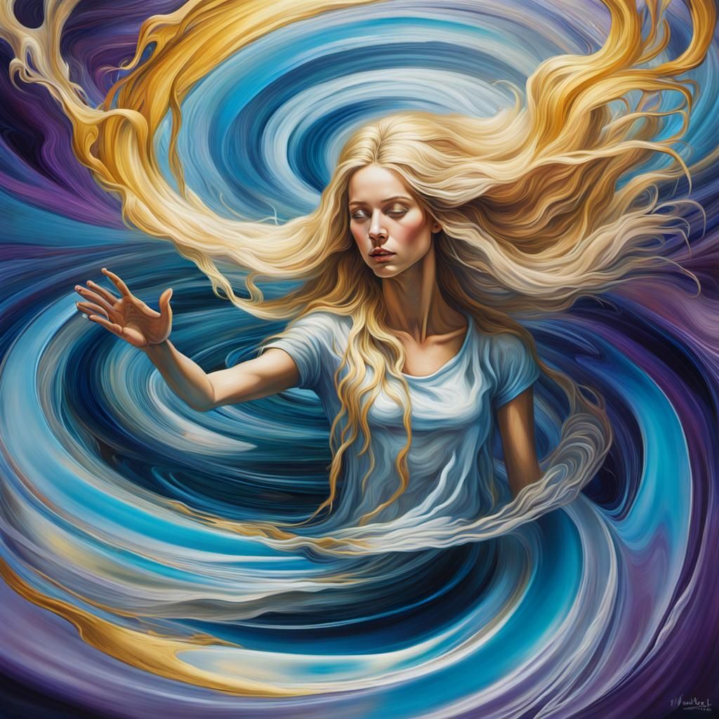 Blonde Mage in Silver Portal: Surreal Oil Painting