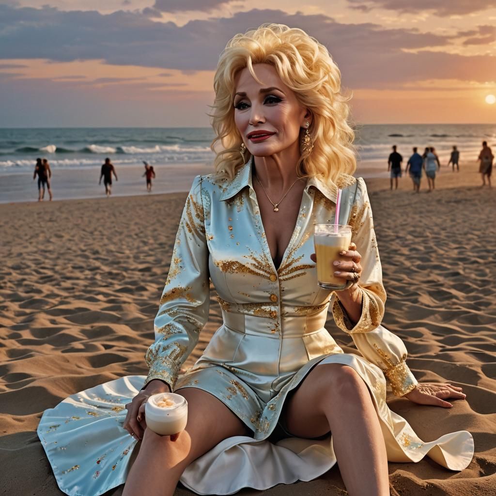 Dolly Parton Beach Sunset: Hyperrealistic AI Image